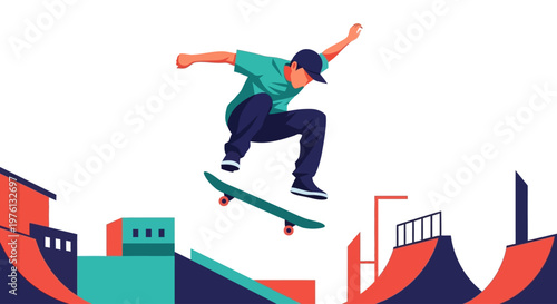 Teenager doing tricks on skateboard.