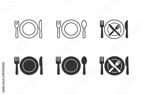 Dining table setting icons: plates utensils cutlery symbols collection.