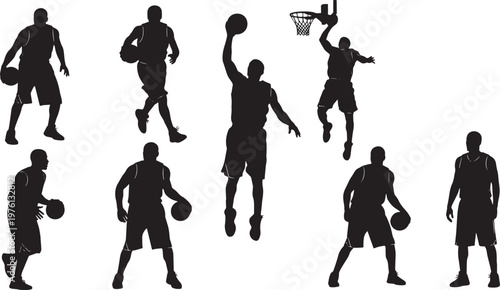 Basketball Players Silhouette Action Poses Set Vector Illustration