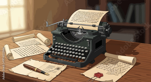 Vintage black typewriter on wooden desk.