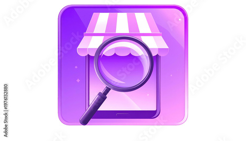 A stylized illustration depicting an online storefront on a tablet, viewed under a magnifying glass, framed in a pink square