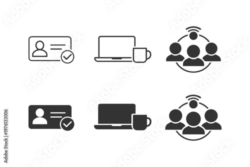 Icons of id card, laptop with mug, and connected group of people.