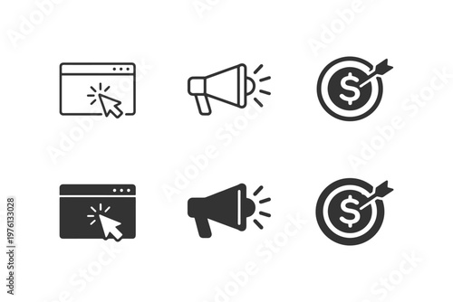 Digital marketing icons: website, megaphone, target with dollar symbol in black and white.