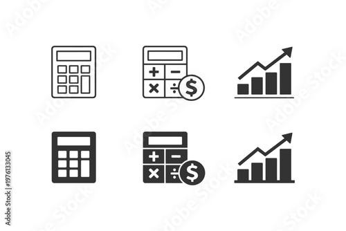 Financial calculator and growth chart icon set for business analysis.