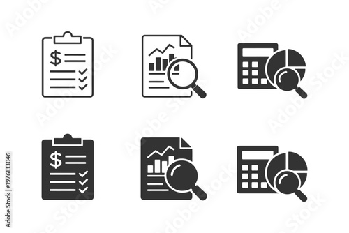 Financial analysis icons: clipboard, graph, calculator with magnifying glass.