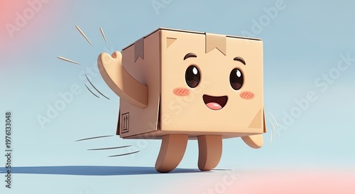 A cheerful cardboard box character running with a happy expression on its face