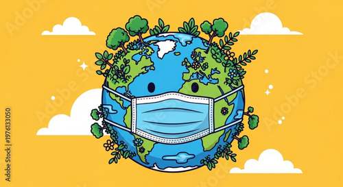 Earth wearing a medical face mask with green leaves and plants on a yellow background with white clouds symbolizing environmental protection and health