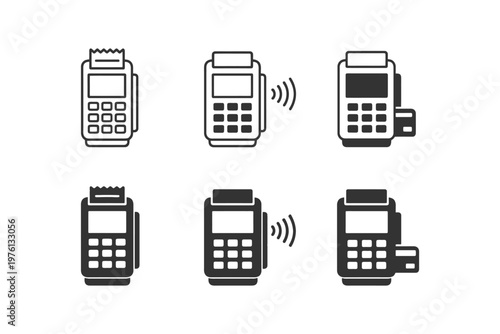 Contactless payment terminal icons set with wireless symbols.