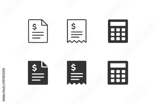 Finance icon set: invoice, receipt, calculator for business and accounting.
