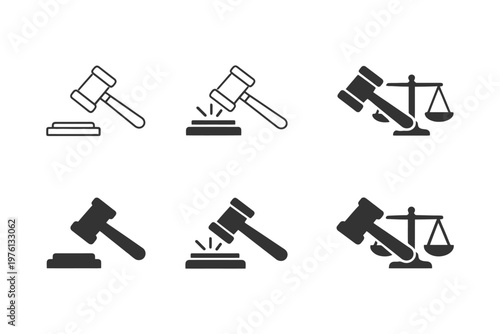 Set of six legal gavel and scales icons representing justice and law.