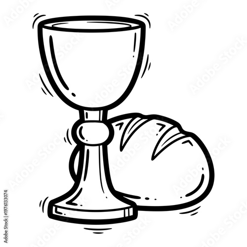 Chalice and loaf of bread for holy communion in hand drawn bold outline style