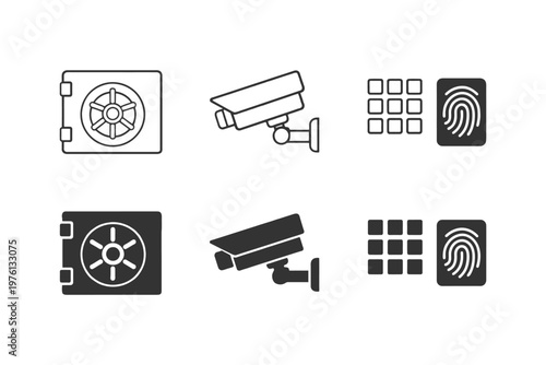 Security icons: safe, surveillance camera, keypad, fingerprint sensor illustrations.