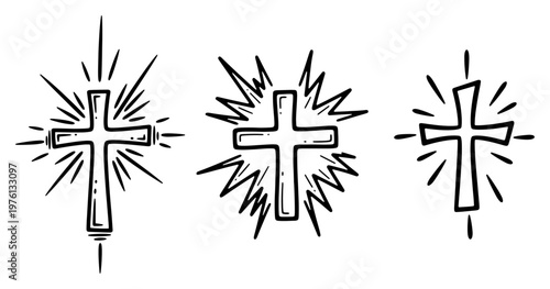 Christian cross symbols with radiant light rays in hand drawn minimalist style
