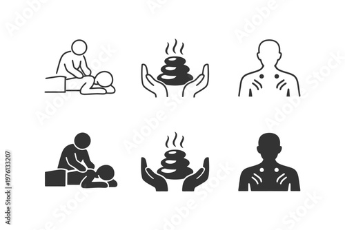 Massage therapy icons: stone, back massage, treatment.