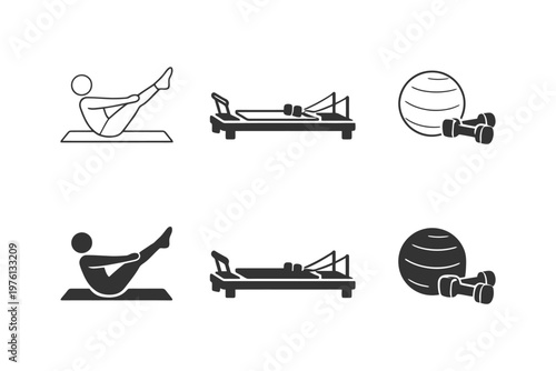 Pilates icon set with mat, reformer, exercise ball, dumbbells.