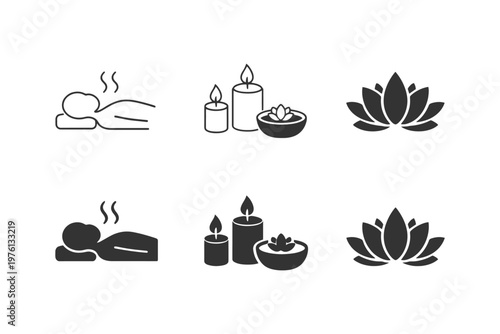 Spa symbols: massage, candles, lotus icon set in black and white.
