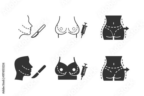 Cosmetic surgery symbols for facial, breast, and buttock procedures.