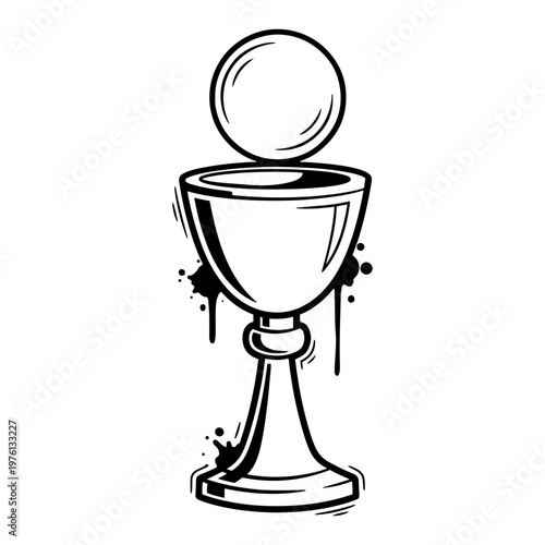 Chalice and host for holy communion with ink splatters in hand drawn sketch style