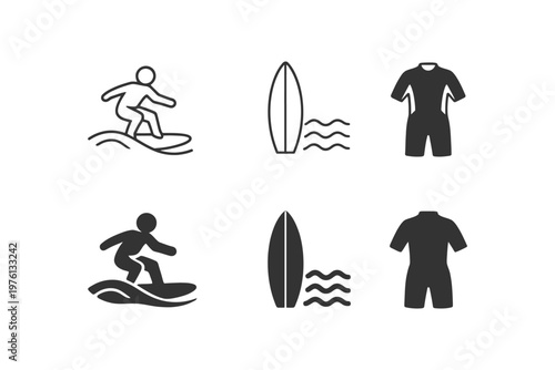 Surfing icons set: surfer, surfboard, swimsuit in black and white design.
