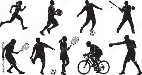 Black silhouette sports athletes collection vector illustration set