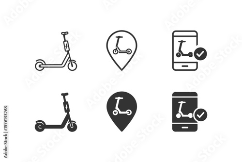 Electric scooter icons: location and mobile app integration symbols.