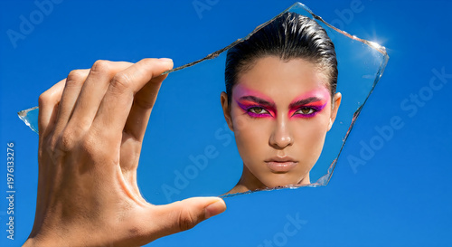 A woman with vibrant pink makeup looks through a broken glass frame against a blue sky