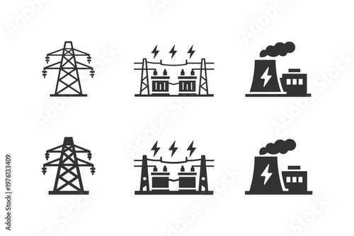 Electricity infrastructure icons: power lines, substation, and power plant.