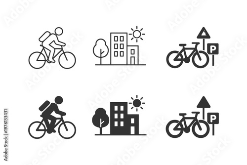 Cyclist and urban environment icons with bicycle parking sign.