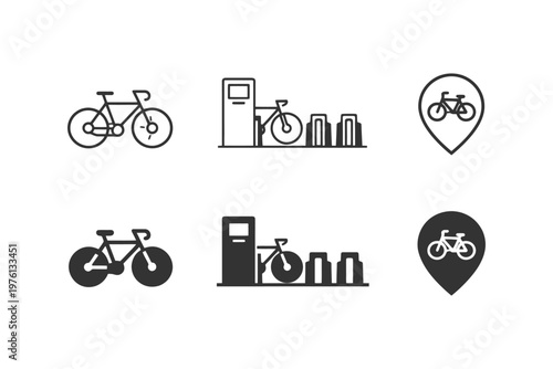 Bicycle parking icons set with location marker and charging station symbols.