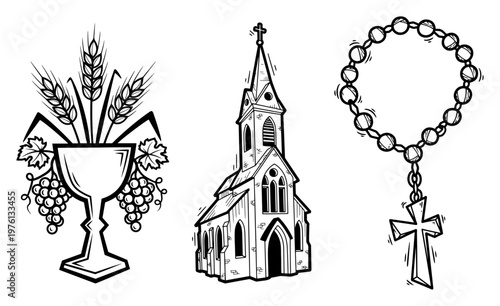 Religious Christian symbols collection with church chalice and rosary in hand drawn sketch style
