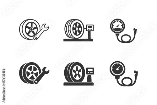 Set of tire and pressure gauge icons for automotive services.