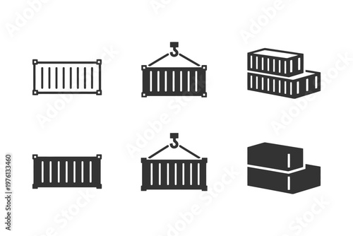 Set of shipping container icons: simple vector symbols for freight and logistics.