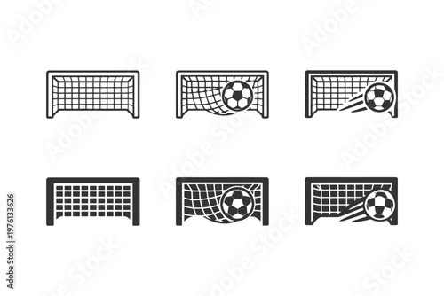 Set of six soccer goal icons with balls hitting nets.