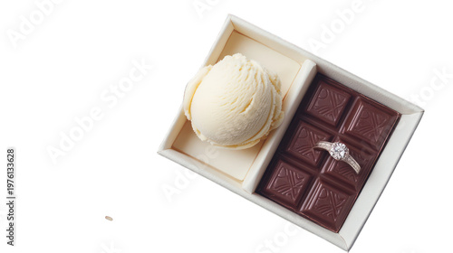 A diamond ring in a chocolate bar and ice cream dessert on transparent background