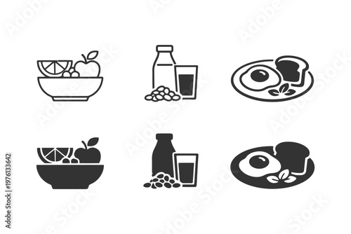 Black and white icons of breakfast foods and drinks.