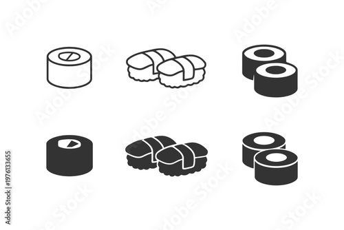 Minimalist icon set of sushi and maki rolls in black and white.