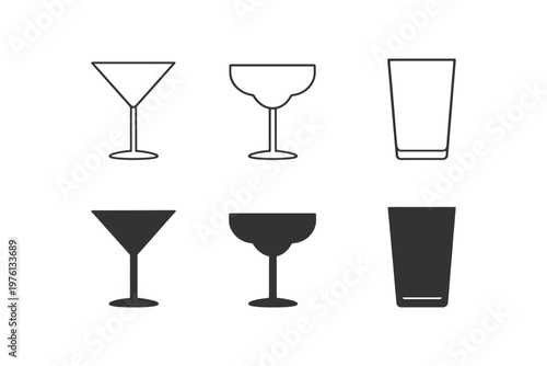 Collection of six minimalist cocktail and beverage glass icons.
