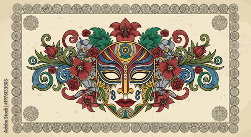 Colorful decorative mask with floral patterns.