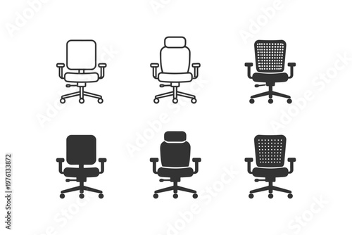Collection of office chair silhouettes and line drawings in various styles.