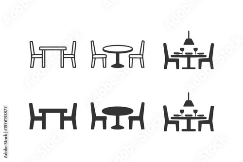 Minimalist dining room furniture icons set featuring tables and chairs.