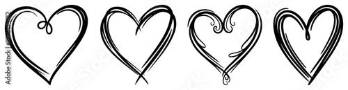 Heart symbols with swirly hand drawn lines for romantic designs in doodle style