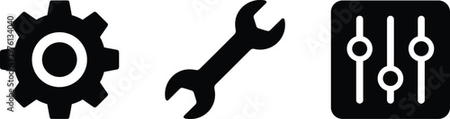 Three simple line icons illustrate setup gear, a wrench for tools, and adjustment sliders for various system options