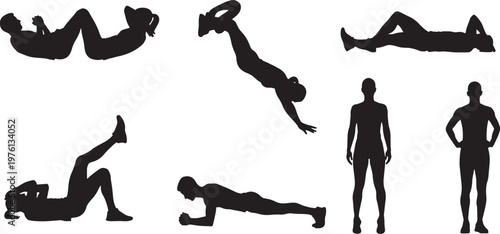 Fitness workout exercise poses silhouette set vector illustration icons