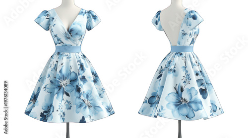 A blue floral dress on a mannequin displayed from front and back on transparent background