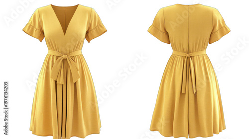 A yellow dress with short sleeves on transparent background