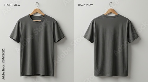 Front and back view of plain dark gray t-shirt mockup on a hanger