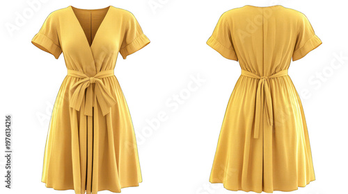A yellow dress with a V-neck and short sleeves on transparent background