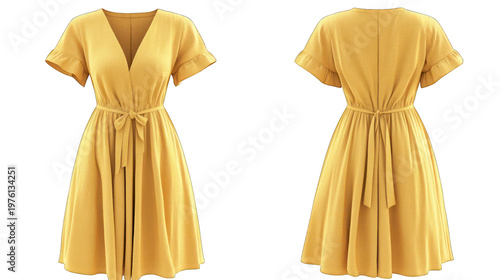 A yellow dress with short sleeves on transparent background