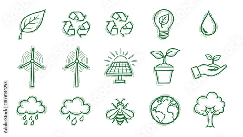 Eco-conscious symbols: A collection of meticulously crafted line art illustrations representing key elements of environmental sustainability and eco-friendliness.
