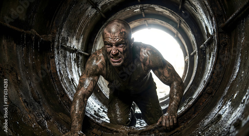 A man covered in mud crawls through a dark tunnel towards the light